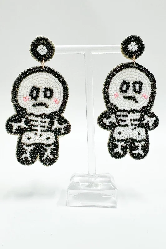 Drop Earrings with Hammered Finish -Spooky Fun Beaded Skeleton Dangle Earrings - FINAL SALE