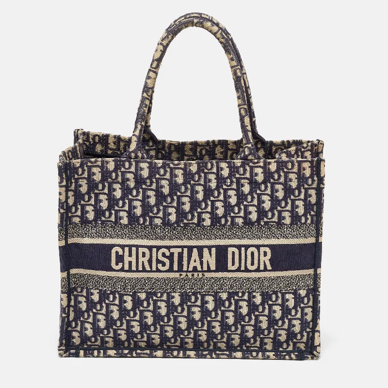 Handle bags with rugged canvas for outdoors -Dior Navy Blue Oblique Embroidered Canvas Medium Book Tote