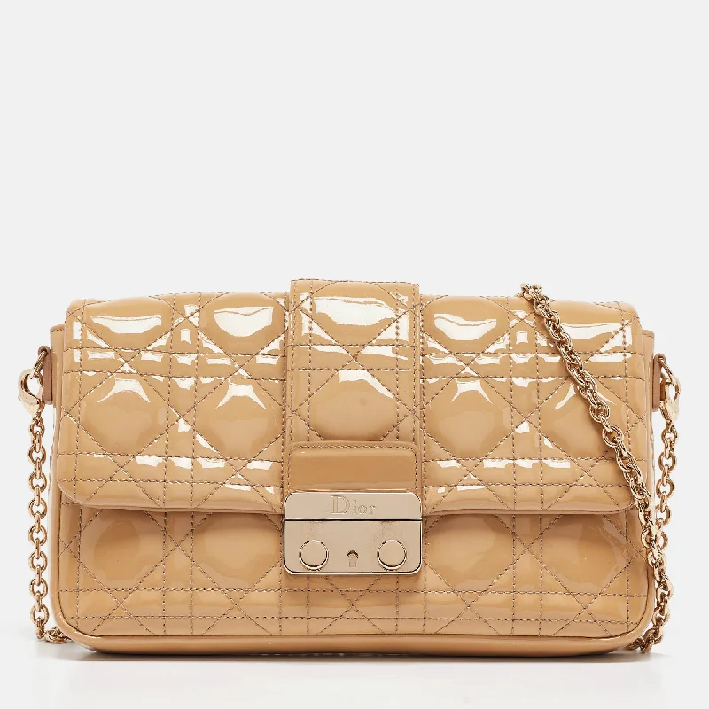 Handle bags with tropical leaves for summer -Dior Beige Cannage Patent Leather Miss Dior Promenade Chain Pouch