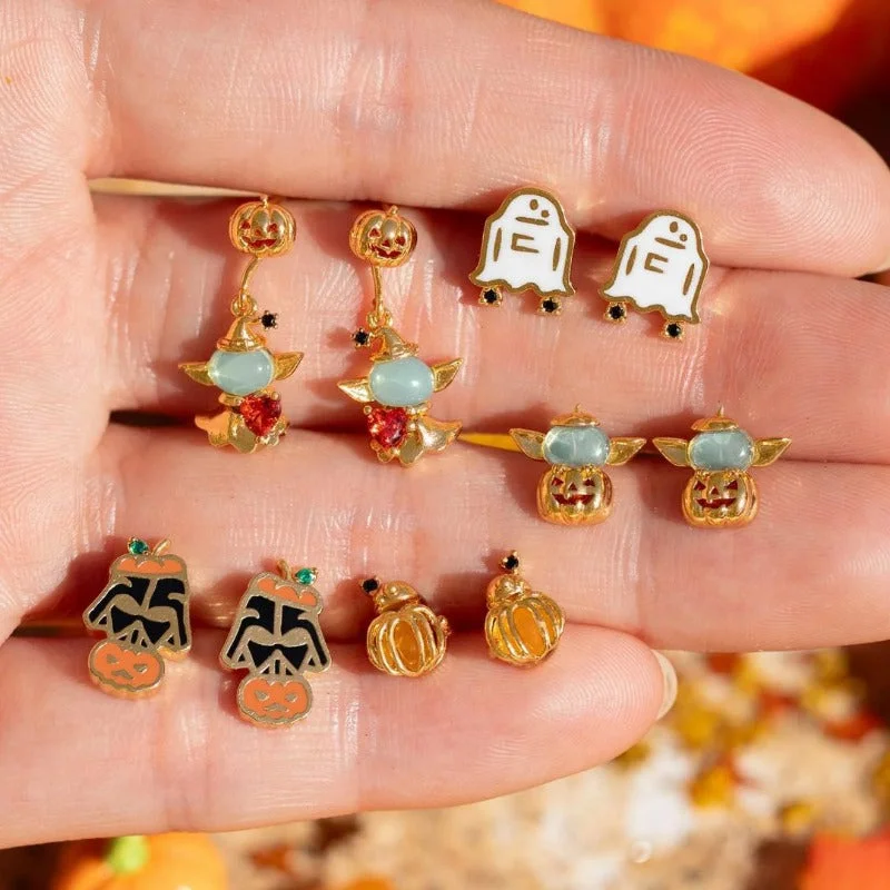 Drop Earrings with Chevron Designs -Wholesale Halloween Creative Copper Gold-plated Funny Oil Drop Zircon Cartoon Pumpkin Ghost Earrings