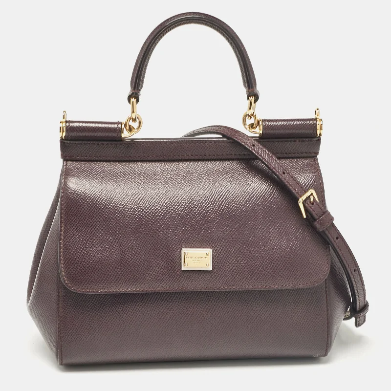 Handle bags with playful pom-poms for charm -Dolce & Gabbana Purple Leather Small Miss Sicily Top Handle Bag