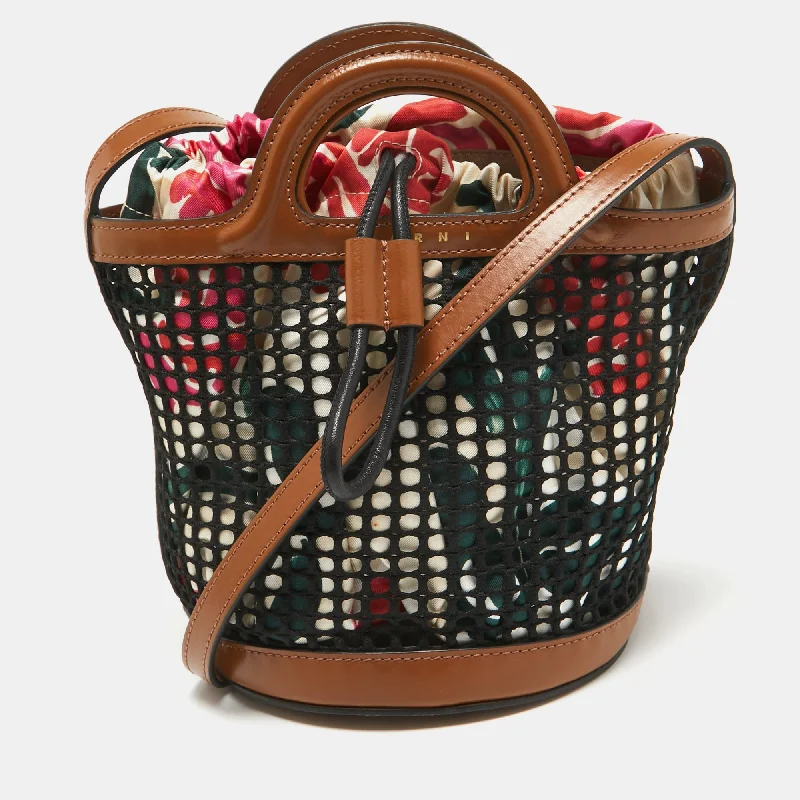 Handle bags with multi-color weaves for vibrancy -Marni Brown/black Leather And Net Bucket Bag