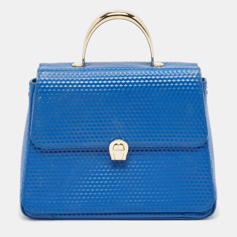 Handle bags with wide openings for access -Aigner Blue Embossed Leather Genoveva M Top Handle Bag