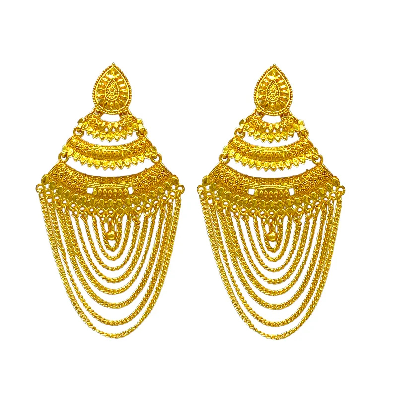 Drop Earrings with Abstract Designs -Gold big Dangler Earrings with gold chain Tassel