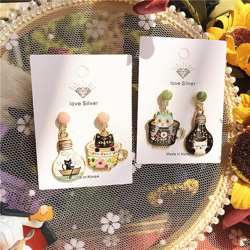 Drop Earrings for School Uniform -Wholesale The New Cat Slave Series Has Cat Happiness Cute Teacup Bulb Cat Earrings