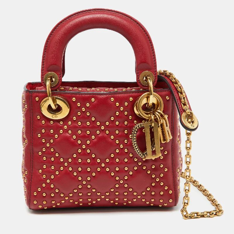 Handle bags with rustic leather for charm -Dior Red Leather Mini Studded Supple Lady Dior Tote