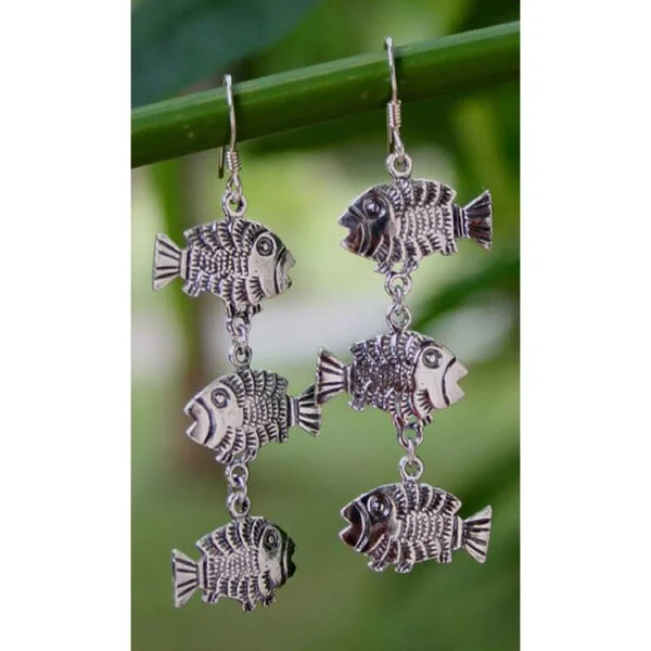 Drop Earrings with Embossed Patterns -Handmade Sterling Silver 'Thai Fish' Dangle Earrings (Thailand)