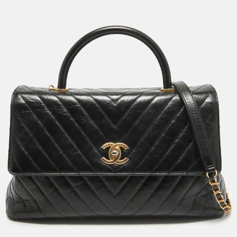 Handle bags with quilted leather for luxury -Chanel Black Chevron Leather Medium Coco Top Handle Bag