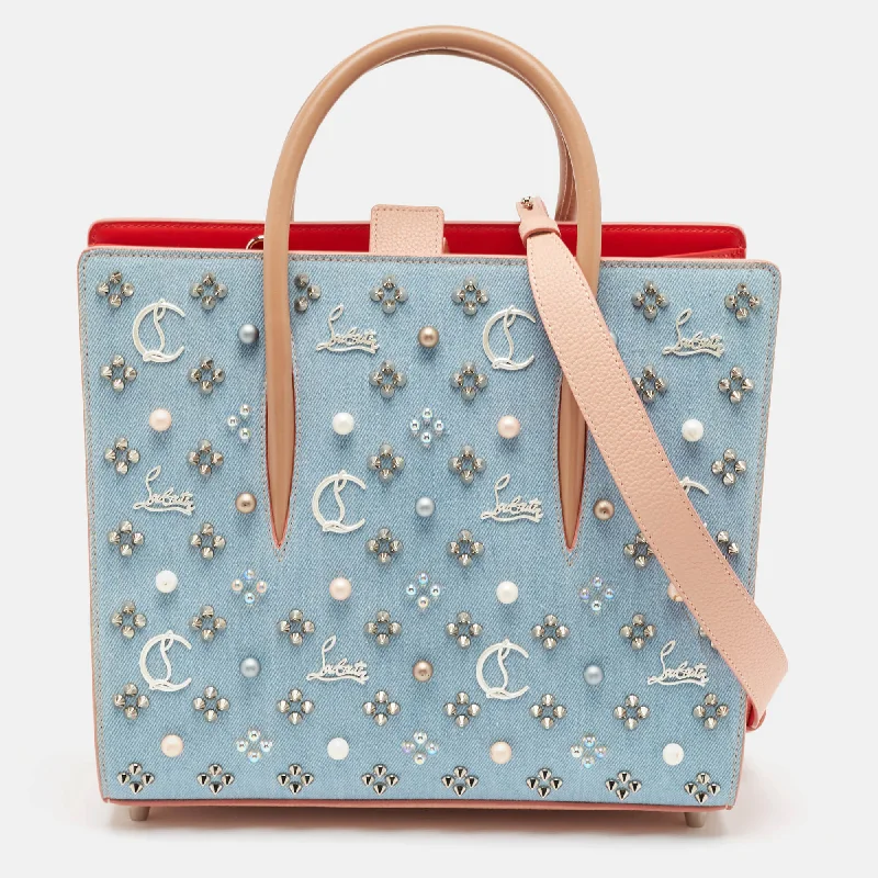 Handle bags with eco-friendly bamboo handles -Christian Louboutin Multicolor Denim And Leather Mix Pearls Paloma Tote