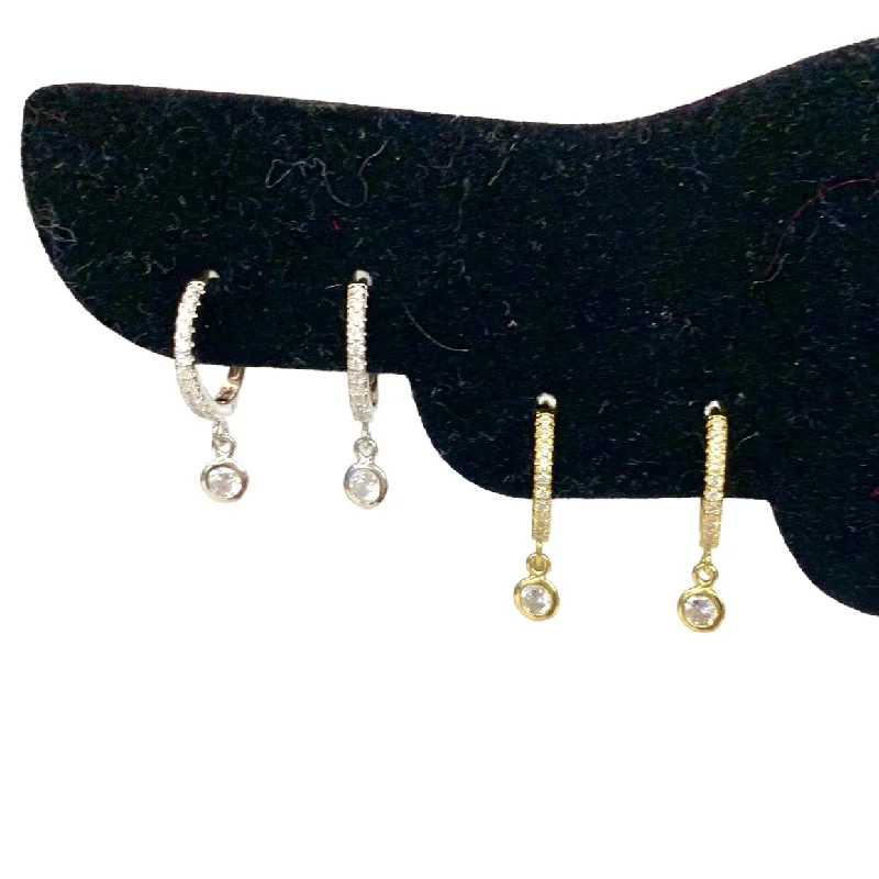 Round Drop Earrings for Classic -Pave Sterling Huggies With CZ Drop