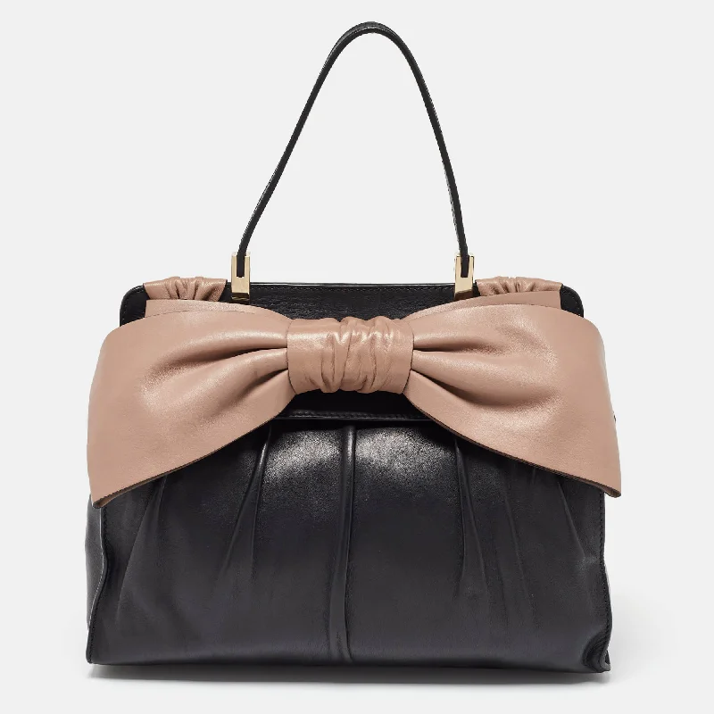 Handle bags with bold text for statements -Valentino Black/taupe Leather Aphrodite Bow Top Handle Bag