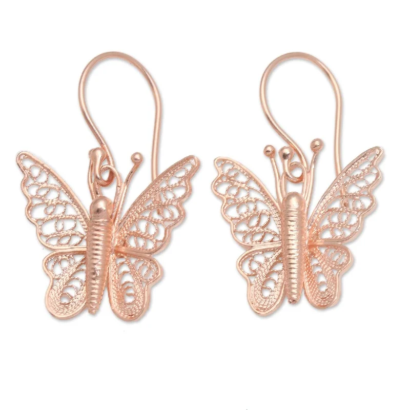 Beaded Drop Earrings for Party -NOVICA Spirited Butterfly, Rose gold plated filigree dangle earrings - 1.2*0.7