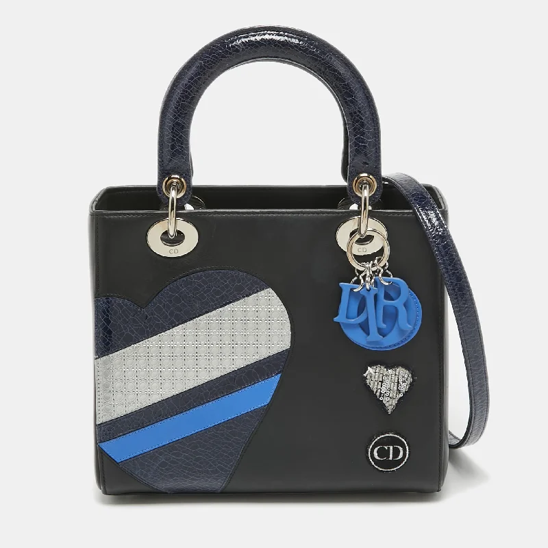 Handle bags with sleek hardware for sophistication -Dior Black/blue Crackled Patent And Leather Medium Patch Embellished  Lady Dior Tote