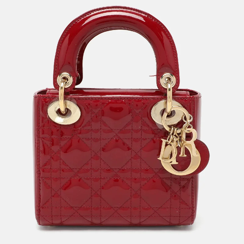 Handle bags with waterproof lining for protection -Dior Red Cannage Patent Leather Mini Chain Lady Dior Tote