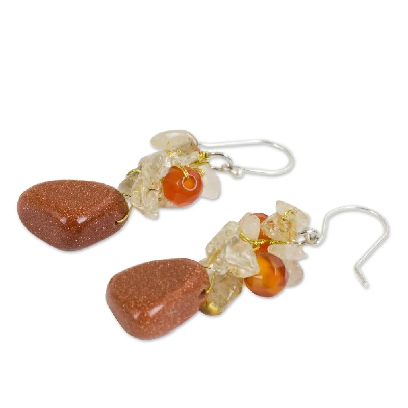 Rhinestone Drop Earrings for Sparkle -Sterling Silver Quartz and Carnelian 'Bouquet' Earrings