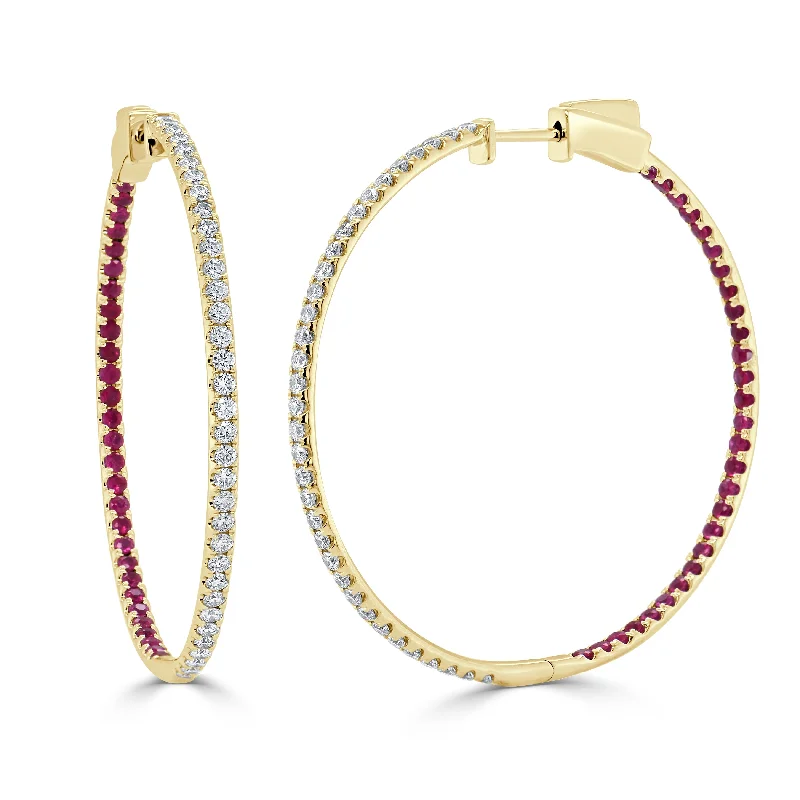 Floral Drop Earrings with Petals -Joelle Collection Ruby & Diamond Hoop Earrings 14K Gold 1.75 inches