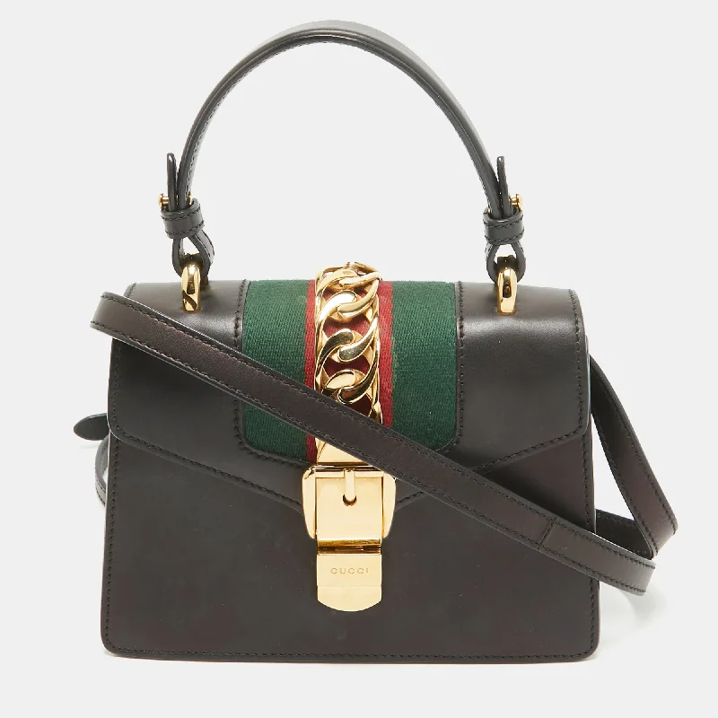 Handle bags with spacious interiors for storage -Gucci Black Leather Mini Web Sylvie Top Handle Bag