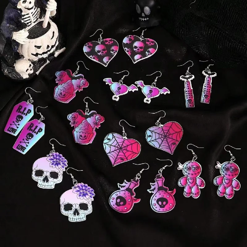 Screw Back Drop Earrings for Security -Wholesale Halloween Series Exaggerated Dark Skull Heart-shaped Fashion Creative Funny Bat Earrings