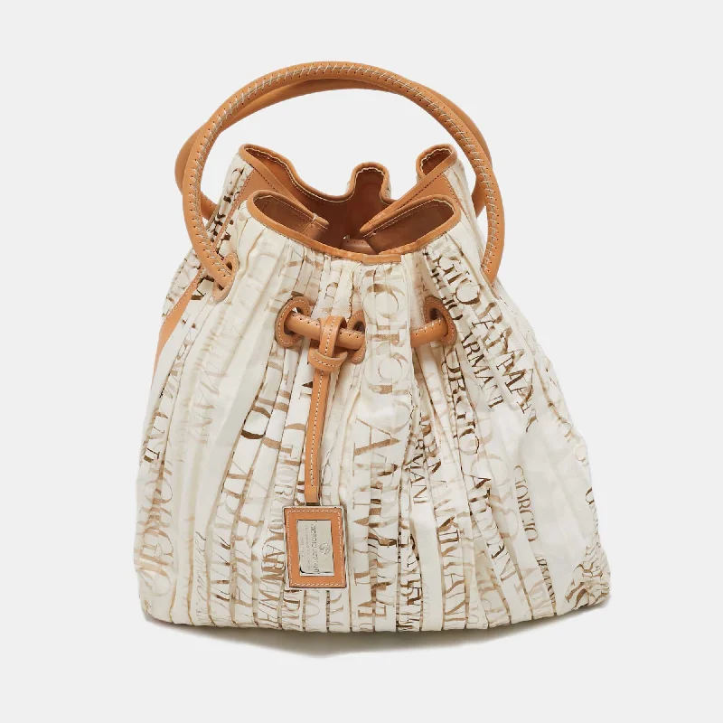 Handle bags with sturdy canvas for longevity -Giorgio Armani White/brown Print Canvas And Leather Pleated Ring Handle Hobo