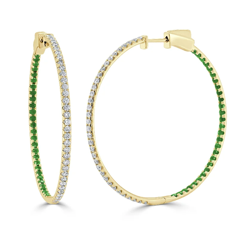 Large Drop Earrings for Statement -Joelle Collection Emerald & Diamond Hoop Earrings 14K Gold 1.75 inches