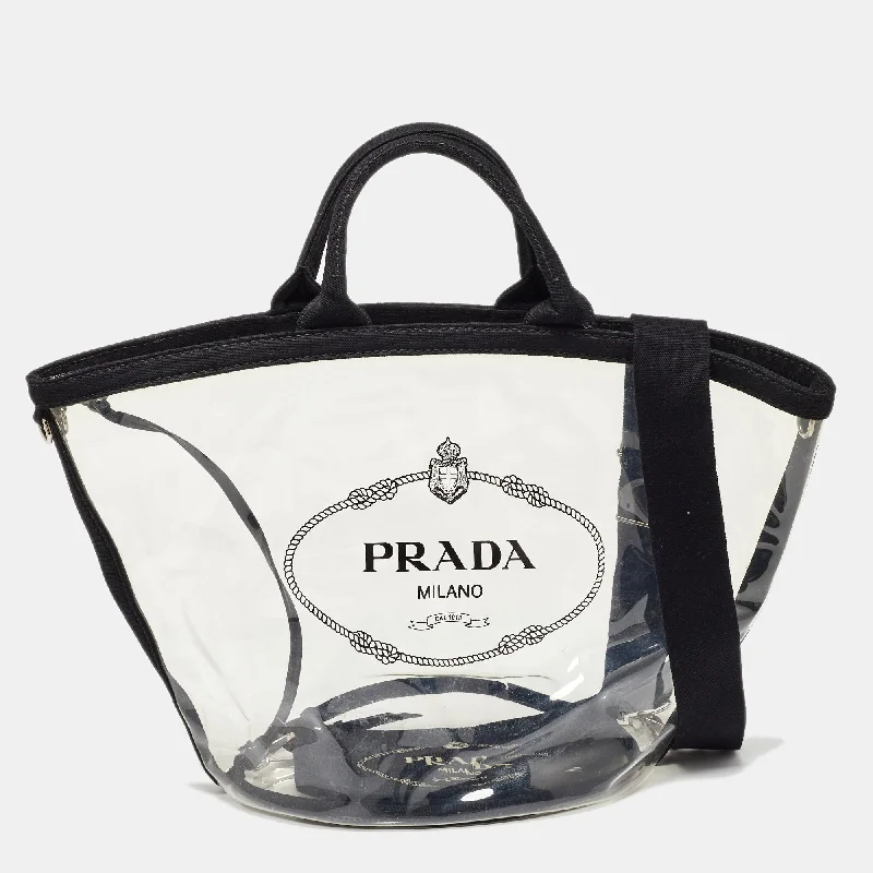 Insulated handle bags for keeping food fresh -Prada Black/clear Pvc And Canvas Logo Beach Tote