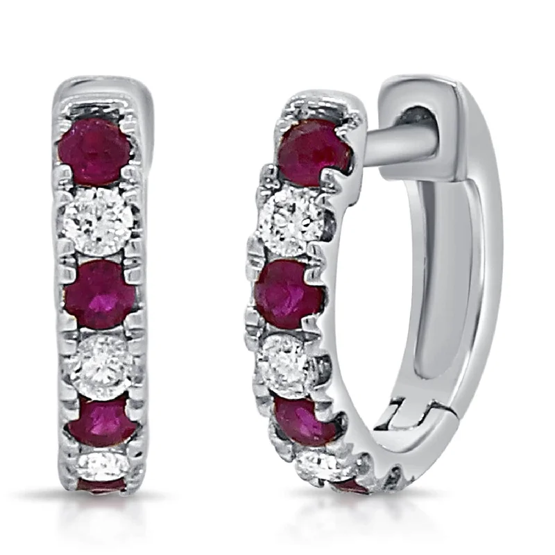 Drop Earrings with Wave Designs -Joelle Collection Ruby & Diamond Huggie Earrings 14K Gold 11mm