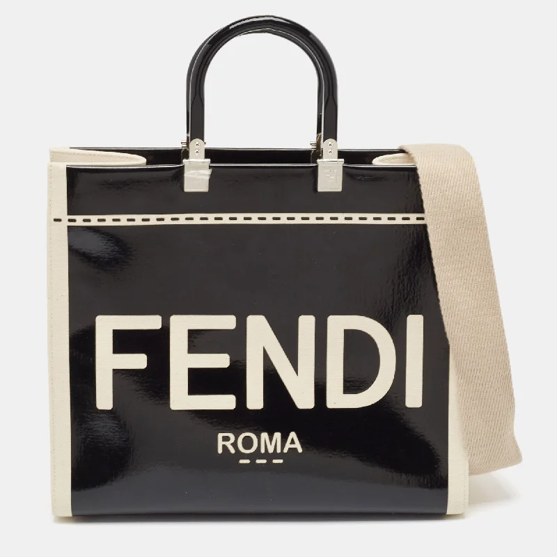 Handle bags with seasonal prints for holidays -Fendi Black/off White Canvas And Patent Leather Medium Sunshine Shopper Tote