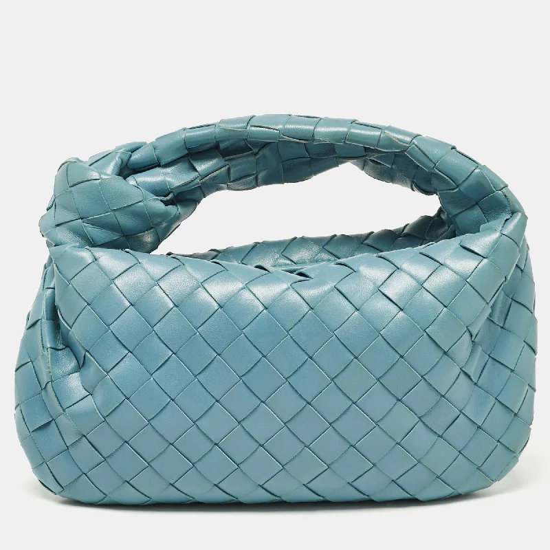 Handle bags with abstract art for uniqueness -Bottega Veneta Teal Blue Intrecciato Leather Mini Jodie Hobo