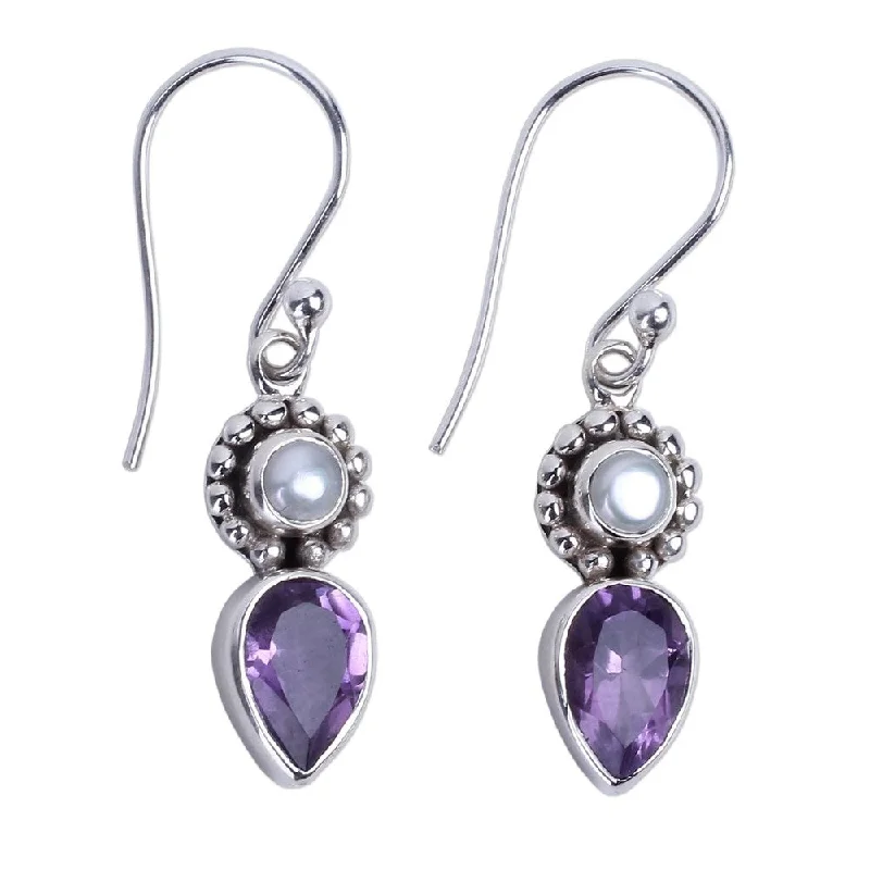 Drop Earrings with Filigree Work -NOVICA Handmade Lilac Droplet Cultured Pearl Amethyst Earrings (India) - 1.4*0.3