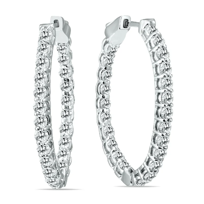 Beaded Drop Earrings for Party -2 Ctw Oval Genuine Diamond Hoop Earrings With Push Button Locks In 14K White Gold