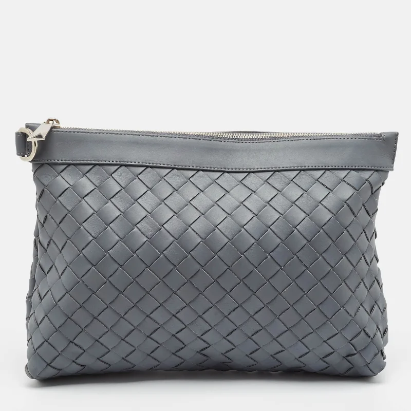 Handle bags with polka dots for fun -Bottega Veneta Grey Intrecciato Leather Oversized Zip Pouch