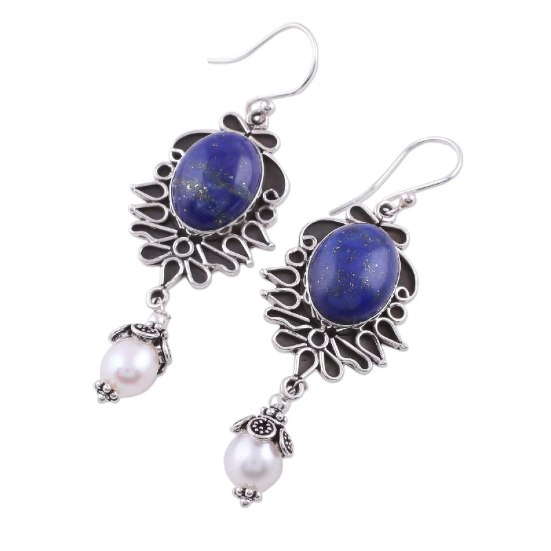 Gold Drop Earrings for Women -Handmade Sterling Silver 'Ethereal' Lapis and Peal Earrings (8 mm) (India)