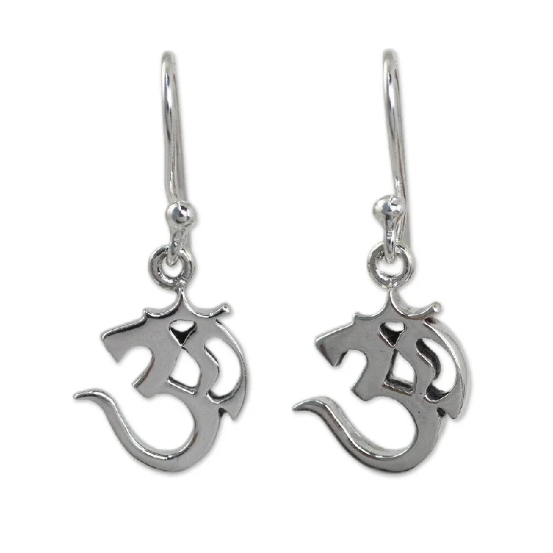 Long Drop Earrings for Dramatic -Handmade Sterling Silver 'Spirit Om' Earrings (Thailand)