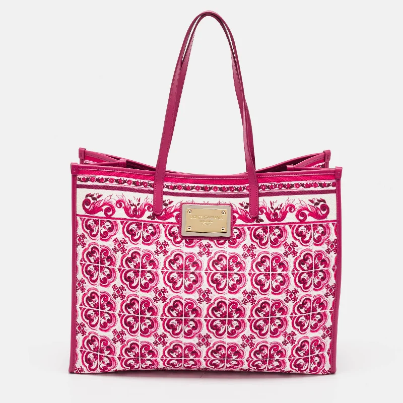 Handle bags with bold logos for branding -Dolce & Gabbana Fuchsia Majolica Print Canvas Large Shopper Tote