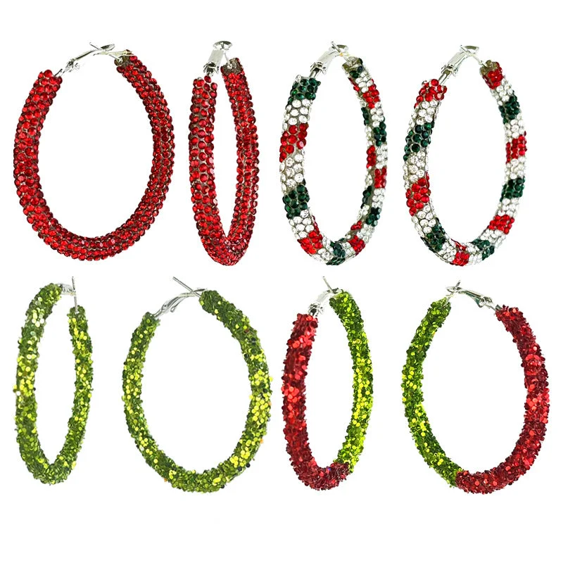 Leverback Drop Earrings for Comfort -Wholesale 2 Pairs/pack Christmas Color Palette Atmosphere, Big Earrings, Shiny Red Candy Rhinestone Earrings