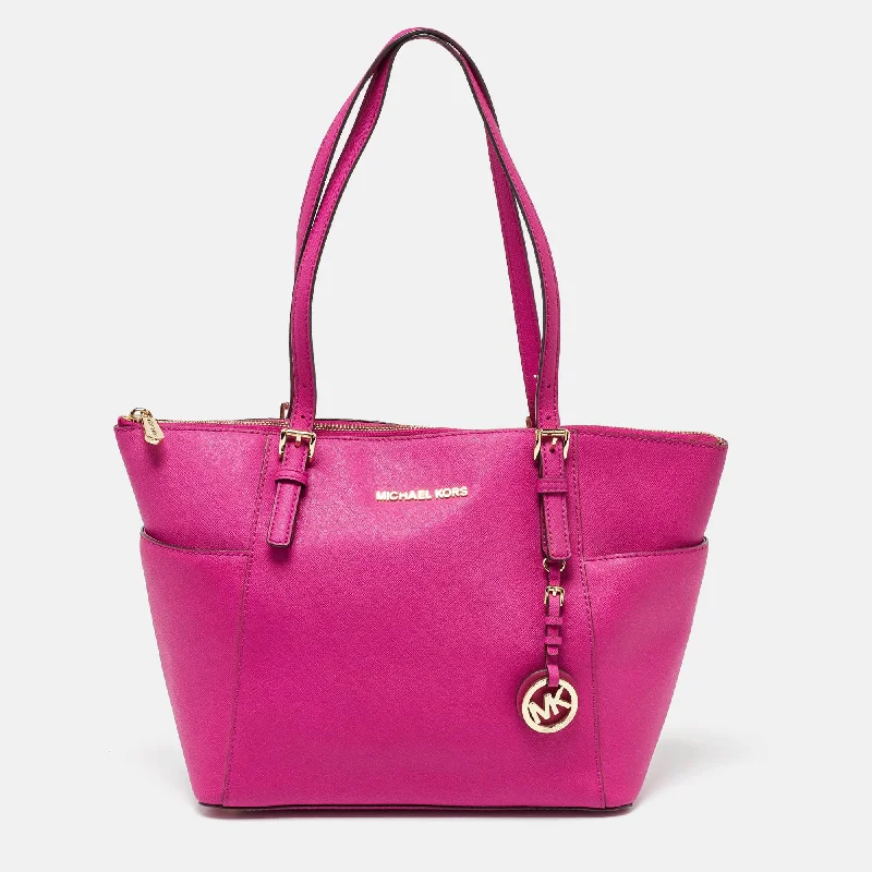 Handle bags with detachable pouches for versatility -Michael Kors Fuchsia Leather Jet Set Top Zip Tote