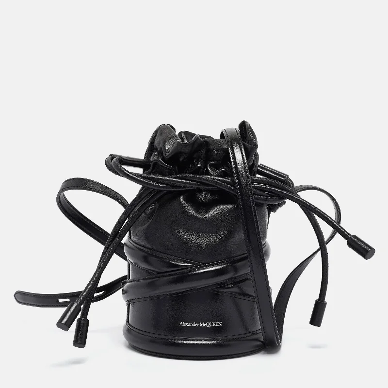 Handle bags with zipper tops for security -Alexander Mcqueen Black Leather The Soft Curve Bucket Bag