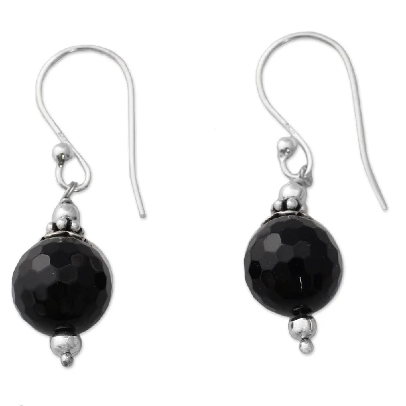 Drop Earrings with Floral Motifs -NOVICA Handmade Sterling Silver 'Glorious Black' Onyx Earrings (India) - 1.3*0.4