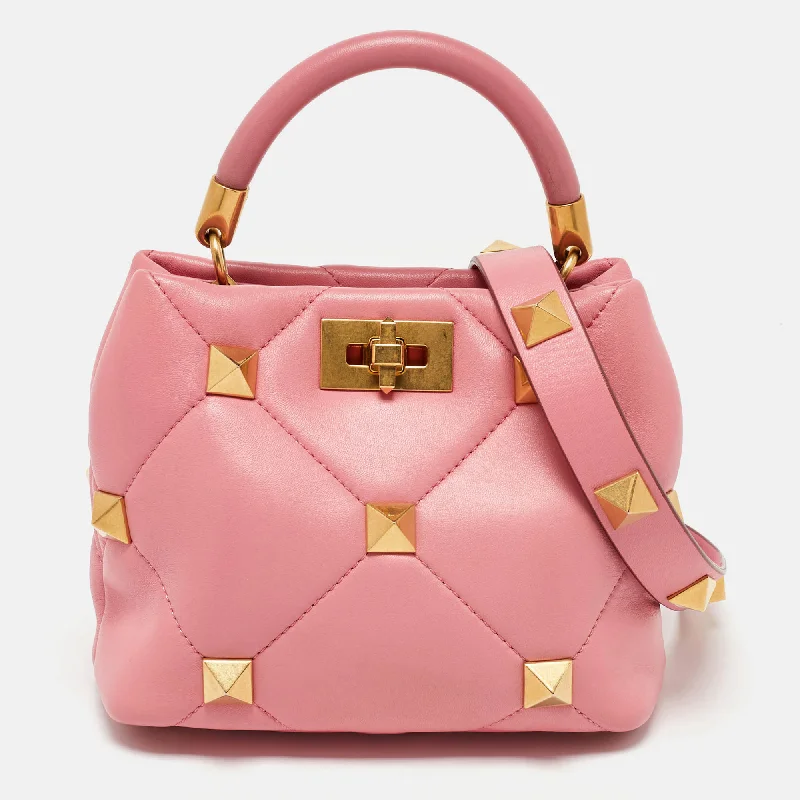 Handle bags with soft linings for protection -Valentino Pink Quilted Leather Small Roman Stud Top Handle Bag