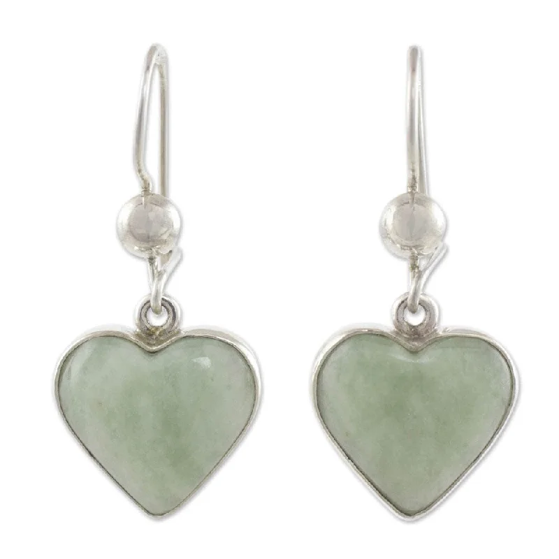 Leverback Drop Earrings for Comfort -Handmade Sterling Silver 'Innocent Heart' Jade Earrings (Guatemala) - Green