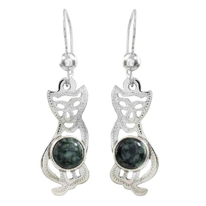 Ethnic Drop Earrings with Tribal Design -Handmade Sterling Silver 'Mystic Green Cats' Jade Earrings (Guatemala) - 1.6L*0.4W