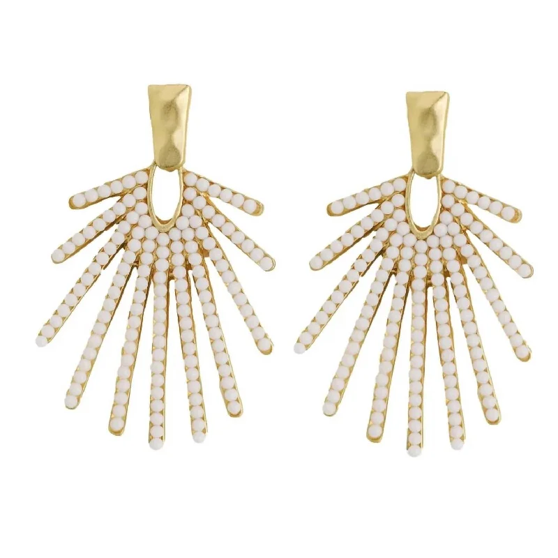 Beaded Drop Earrings for Party -Women's Beaded Sunburst Statement Earrings In White/gold