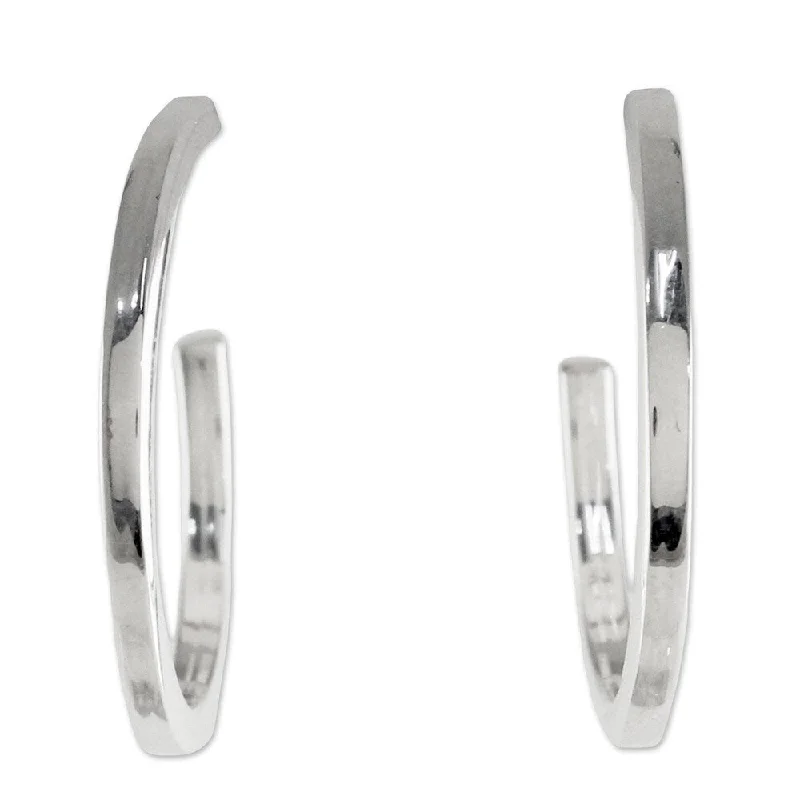 Drop Earrings with Polished Shine -Handmade Sterling Silver 'Glistening Halves' Hoop Earrings (Thailand) - 25mm W * 25mm L