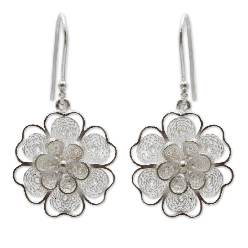 Drop Earrings for Birthday Celebration -Handmade Sterling Silver 'Filigree Jasmine' Earrings (Peru) - 1.5*0.9