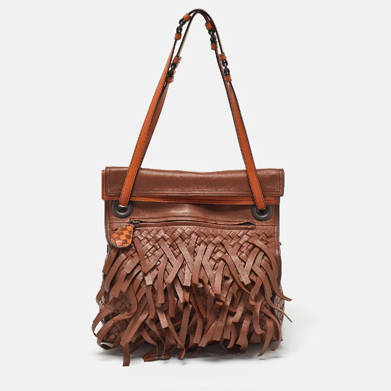 Handle bags with multi-color weaves for vibrancy -Bottega Veneta Brown/orange Leather Intrecciato Fringe Palio Tote