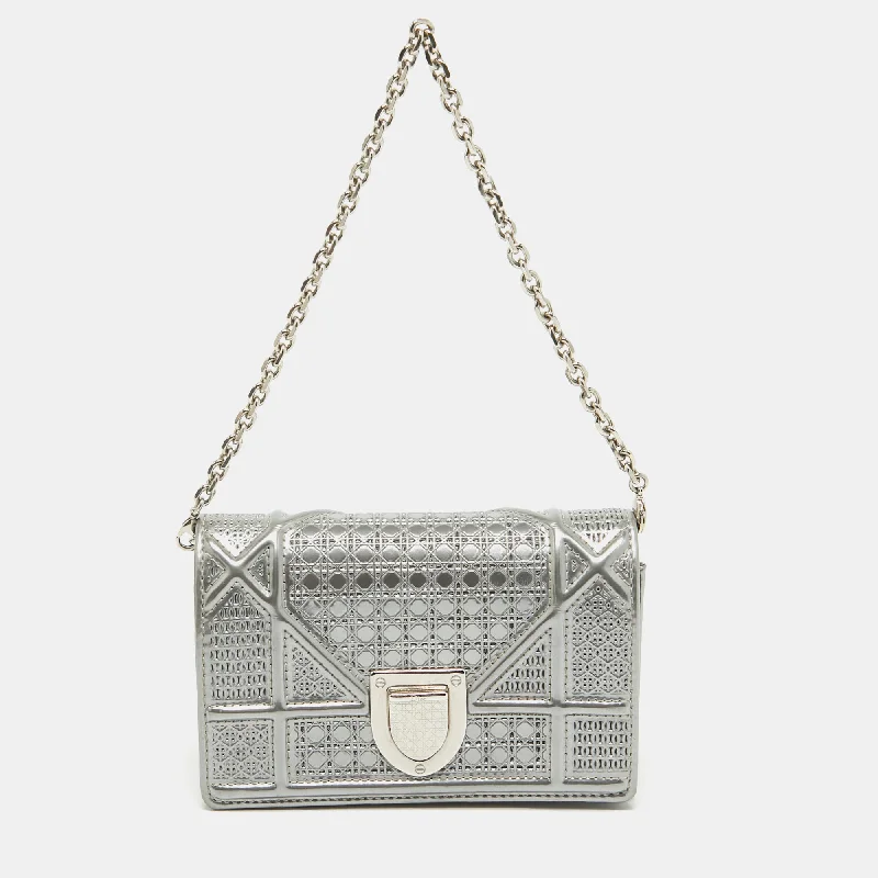 Handle bags with bold stripes for trendiness -Dior Silver Cannage Patent Leather Baby Diorama Chain Bag