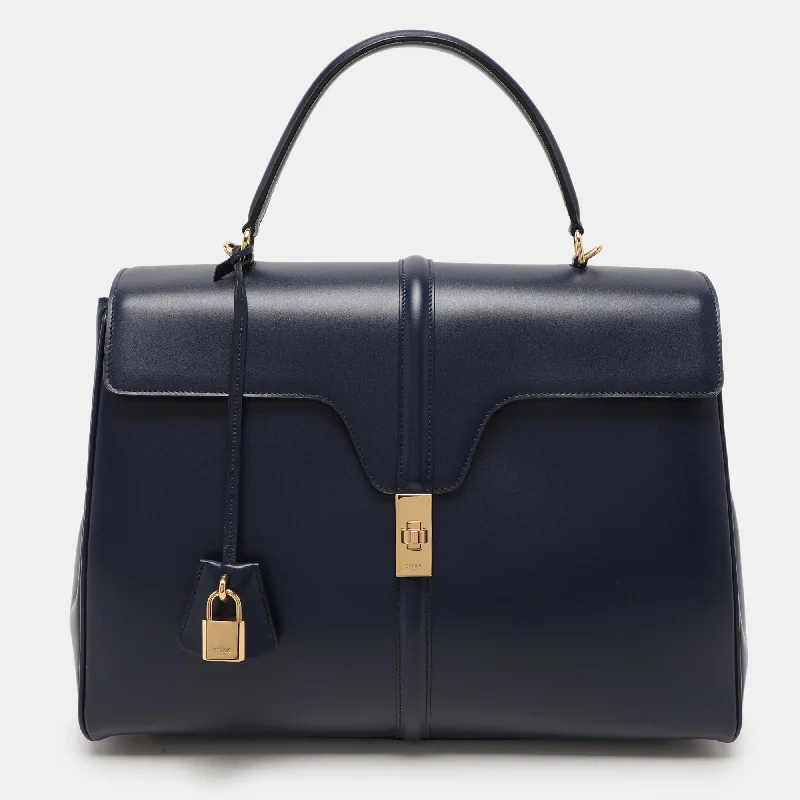 Handle bags with denim fabric for casual -Celine Dark Blue Leather Large Classique 16 Top Handle Bag