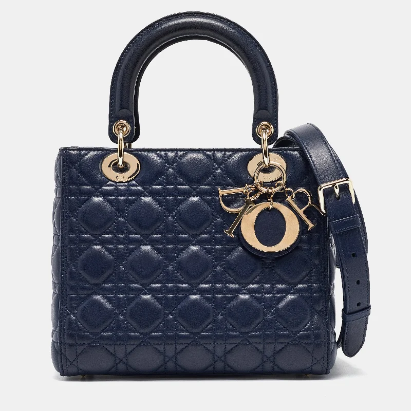 Handle bags with floral prints for spring -Dior Navy Blue Cannage Leather Medium Lady Dior Tote