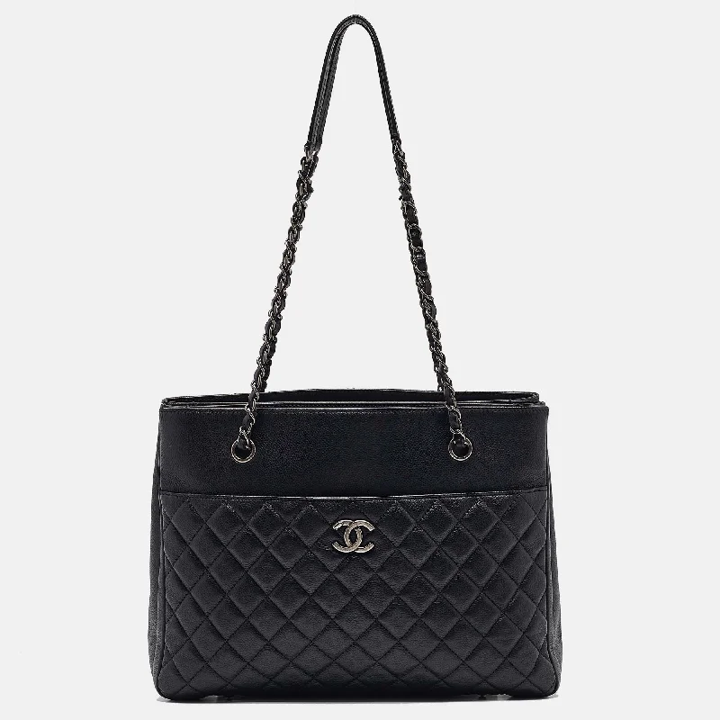 Handle bags with sleek leather for work -Chanel Black Quilted Caviar Leather Urban Companion Shopper Tote