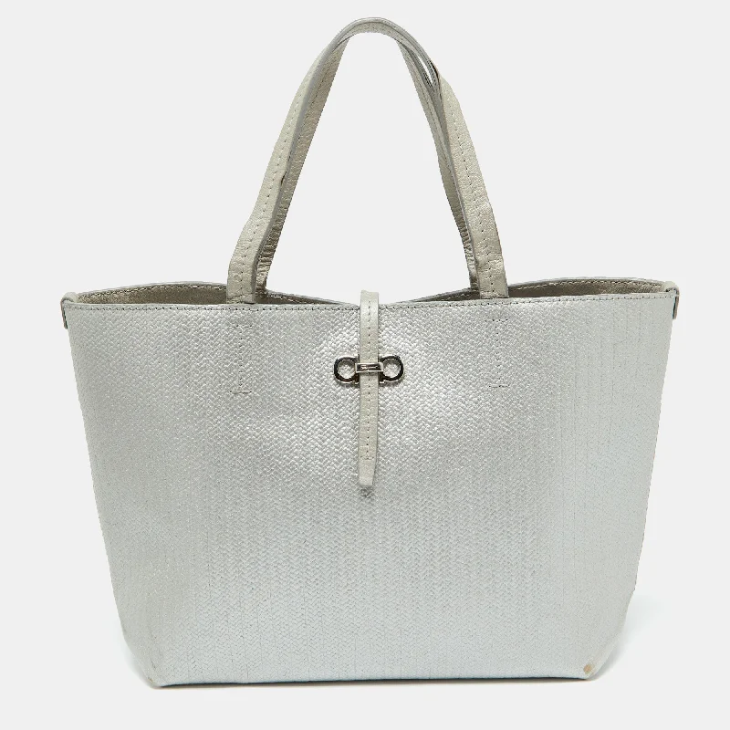 Small handle bags perfect for quick trips -Salvatore Ferragamo Light Grey Embossed Leather Bice Tote